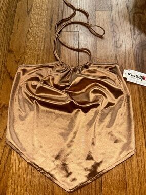 Miss Selfie Copper Satin Halter Scarf Top Large  NWT
